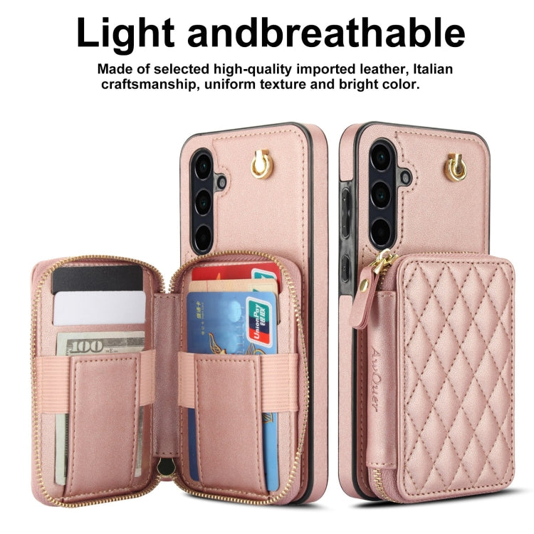 For Samsung Galaxy A35 5G AwQuer Crossbody Zipper Wallet Rhombic Leather Back Phone Case(Rose Gold)