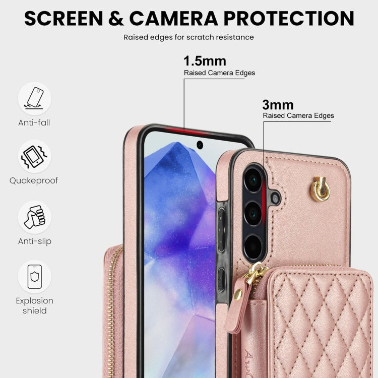 For Samsung Galaxy A35 5G AwQuer Crossbody Zipper Wallet Rhombic Leather Back Phone Case(Rose Gold)