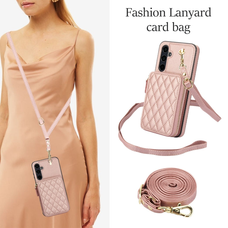 For Samsung Galaxy A35 5G AwQuer Crossbody Zipper Wallet Rhombic Leather Back Phone Case(Rose Gold)