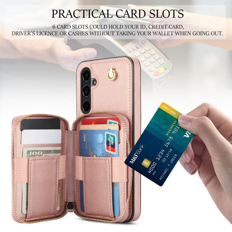For Samsung Galaxy A35 5G AwQuer Crossbody Zipper Wallet Rhombic Leather Back Phone Case(Rose Gold)