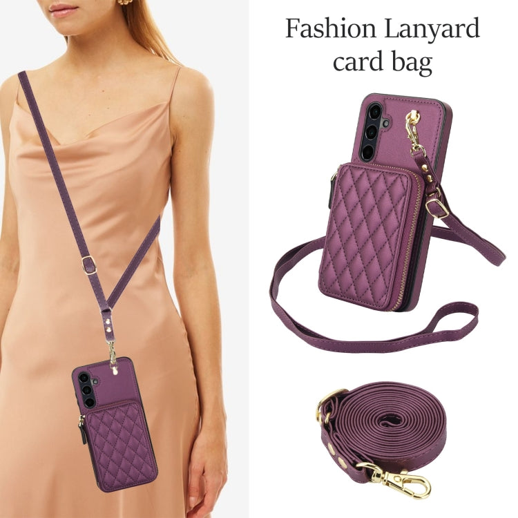 For Samsung Galaxy A35 5G AwQuer Crossbody Zipper Wallet Rhombic Leather Back Phone Case(Dark Purple)