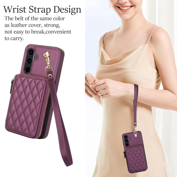 For Samsung Galaxy A35 5G AwQuer Crossbody Zipper Wallet Rhombic Leather Back Phone Case(Dark Purple)