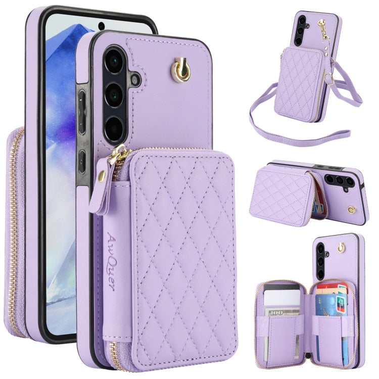 For Samsung Galaxy A35 5G AwQuer Crossbody Zipper Wallet Rhombic Leather Back Phone Case(Purple)