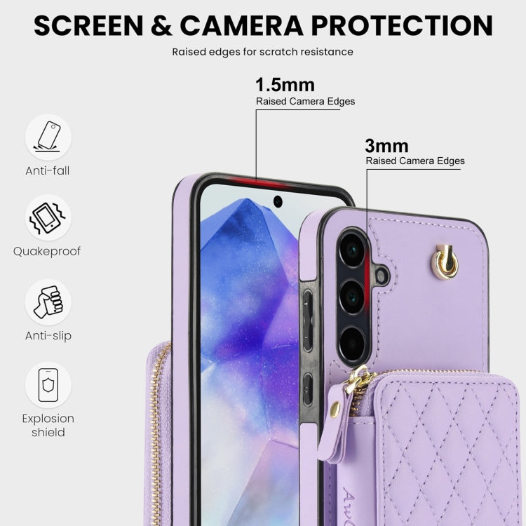 For Samsung Galaxy A35 5G AwQuer Crossbody Zipper Wallet Rhombic Leather Back Phone Case(Purple)