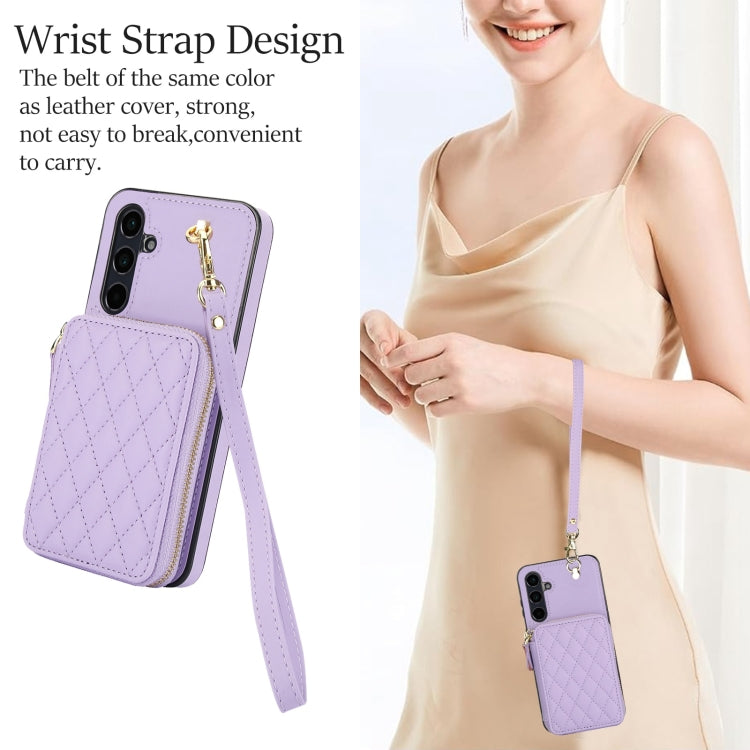 For Samsung Galaxy A35 5G AwQuer Crossbody Zipper Wallet Rhombic Leather Back Phone Case(Purple)