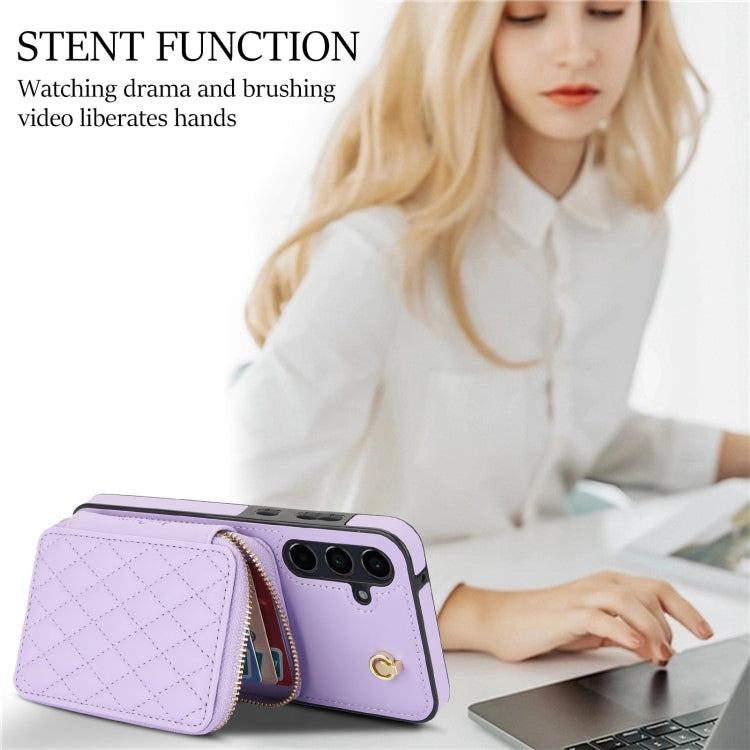 For Samsung Galaxy A35 5G AwQuer Crossbody Zipper Wallet Rhombic Leather Back Phone Case(Purple)