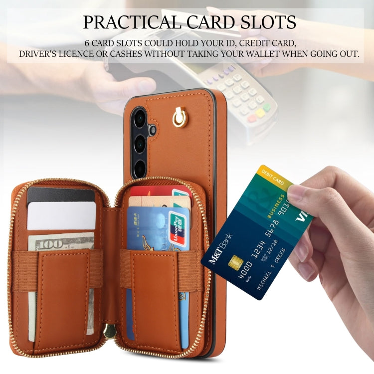 For Samsung Galaxy A35 5G AwQuer Crossbody Zipper Wallet Rhombic Leather Back Phone Case(Brown)
