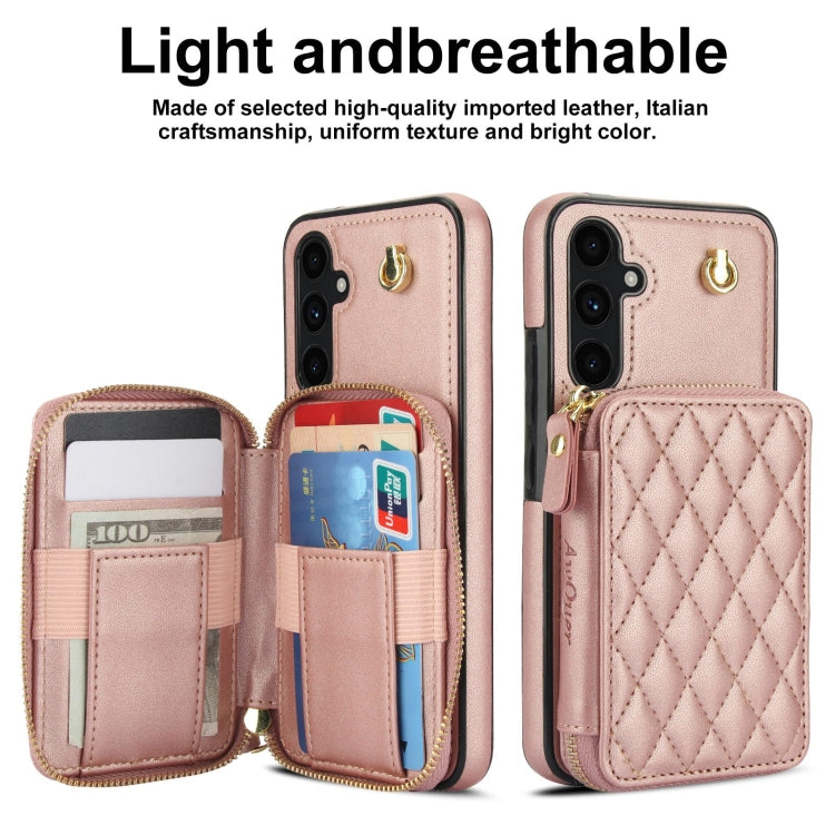 For Samsung Galaxy A54 4G / 5G AwQuer Crossbody Zipper Wallet Rhombic Leather Back Phone Case(Rose Gold)