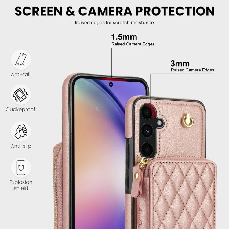 For Samsung Galaxy A54 4G / 5G AwQuer Crossbody Zipper Wallet Rhombic Leather Back Phone Case(Rose Gold)