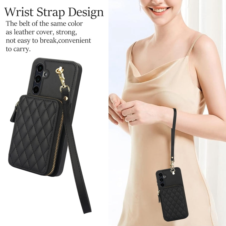 For Samsung Galaxy A15 4G / 5G AwQuer Crossbody Zipper Wallet Rhombic Leather Back Phone Case(Black)