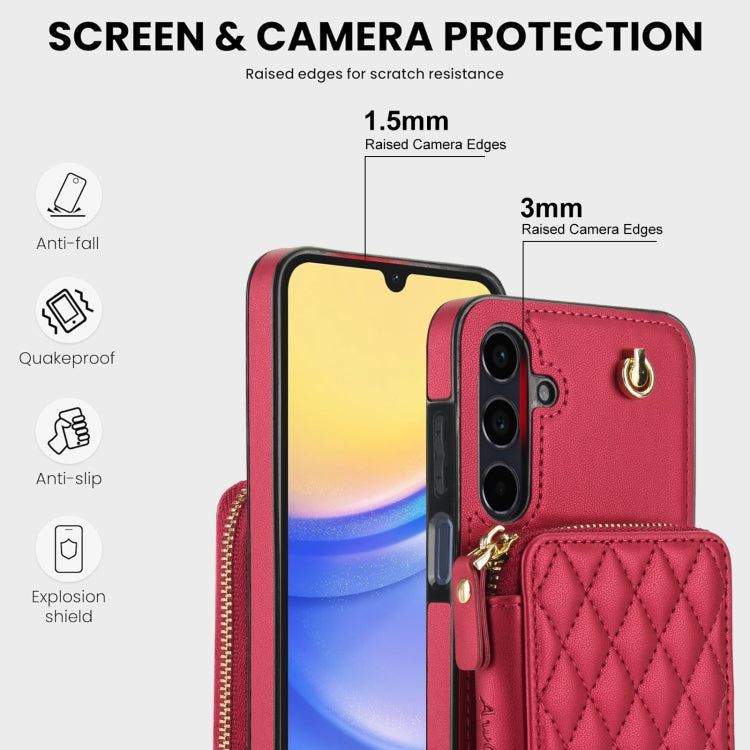For Samsung Galaxy A15 4G / 5G AwQuer Crossbody Zipper Wallet Rhombic Leather Back Phone Case(Red)