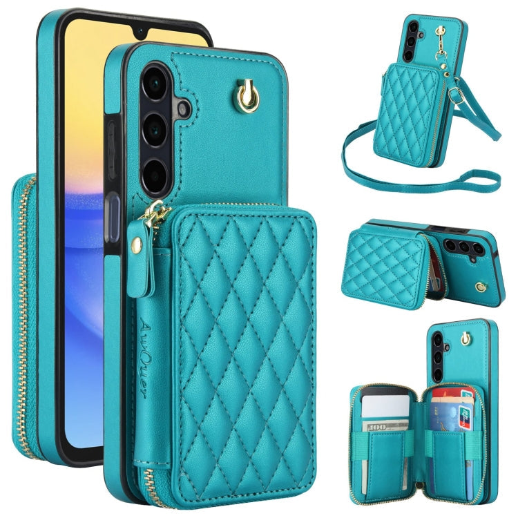 For Samsung Galaxy A15 4G / 5G AwQuer Crossbody Zipper Wallet Rhombic Leather Back Phone Case(Green)