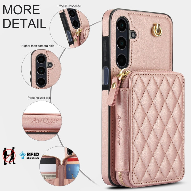 For Samsung Galaxy A15 4G / 5G AwQuer Crossbody Zipper Wallet Rhombic Leather Back Phone Case(Rose Gold)
