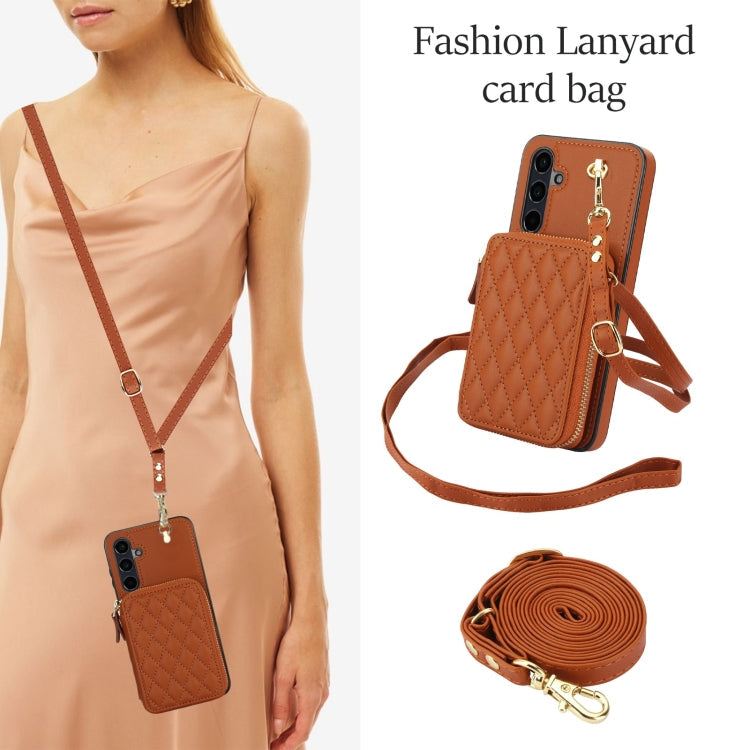 For Samsung Galaxy A15 4G / 5G AwQuer Crossbody Zipper Wallet Rhombic Leather Back Phone Case(Brown)