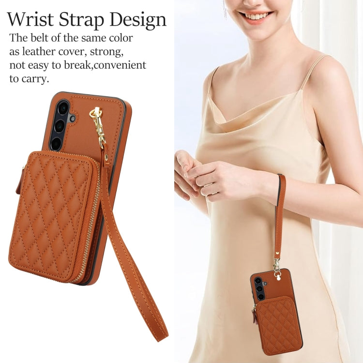 For Samsung Galaxy A15 4G / 5G AwQuer Crossbody Zipper Wallet Rhombic Leather Back Phone Case(Brown)