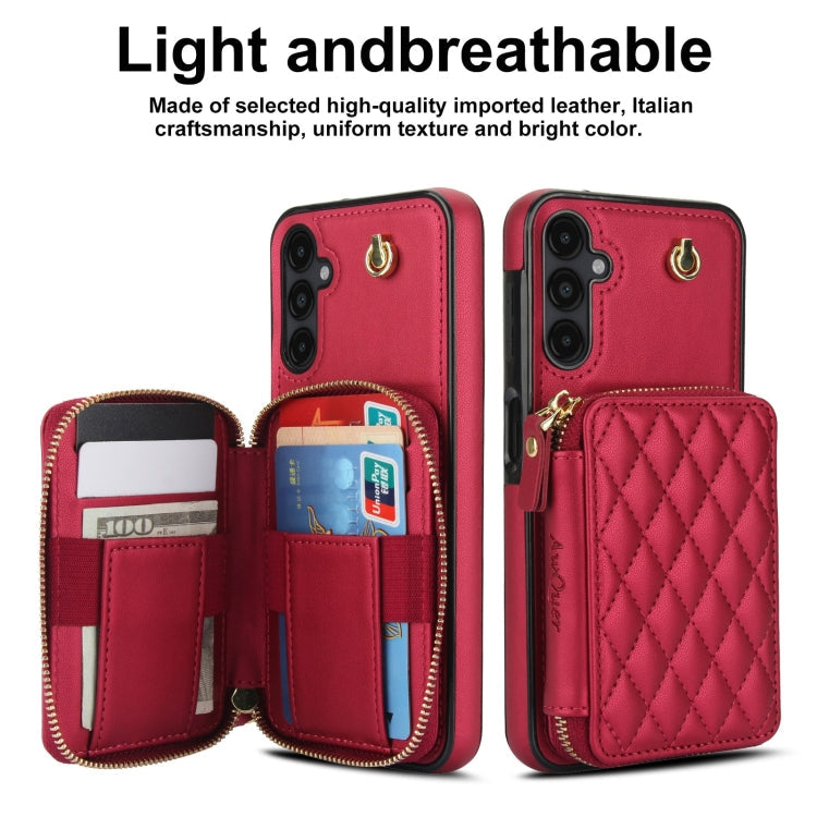 For Samsung Galaxy A14 4G / 5G AwQuer Crossbody Zipper Wallet Rhombic Leather Back Phone Case(Red)