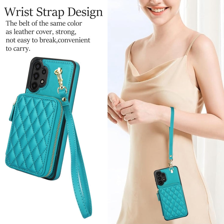 For Samsung Galaxy A13 4G / 5G AwQuer Crossbody Zipper Wallet Rhombic Leather Back Phone Case(Green)