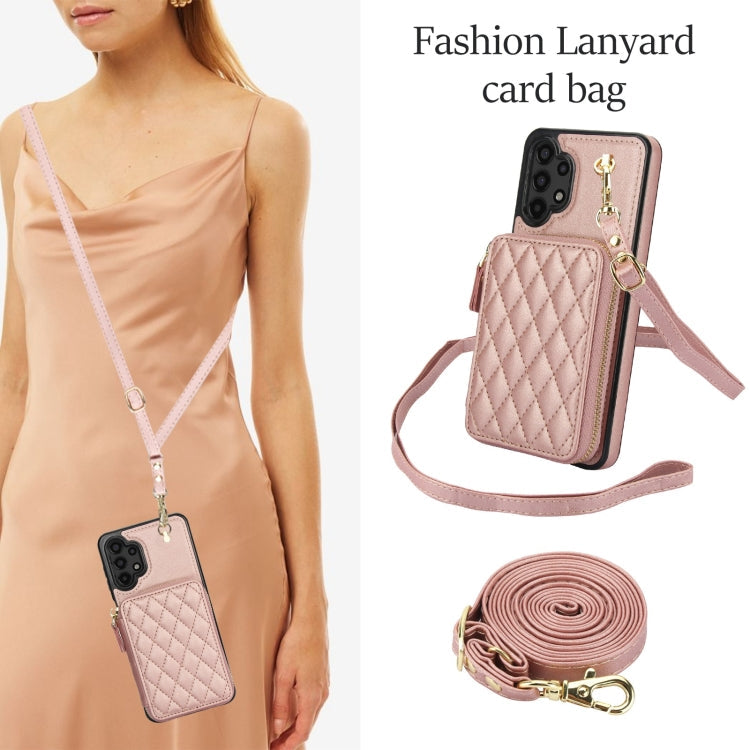 For Samsung Galaxy A13 4G / 5G AwQuer Crossbody Zipper Wallet Rhombic Leather Back Phone Case(Rose Gold)