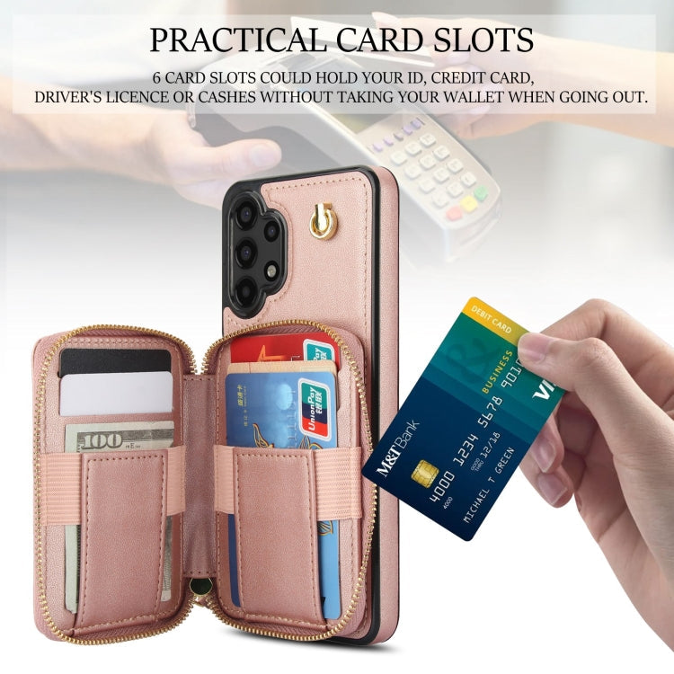 For Samsung Galaxy A13 4G / 5G AwQuer Crossbody Zipper Wallet Rhombic Leather Back Phone Case(Rose Gold)