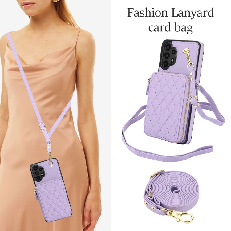 For Samsung Galaxy A13 4G / 5G AwQuer Crossbody Zipper Wallet Rhombic Leather Back Phone Case(Purple)