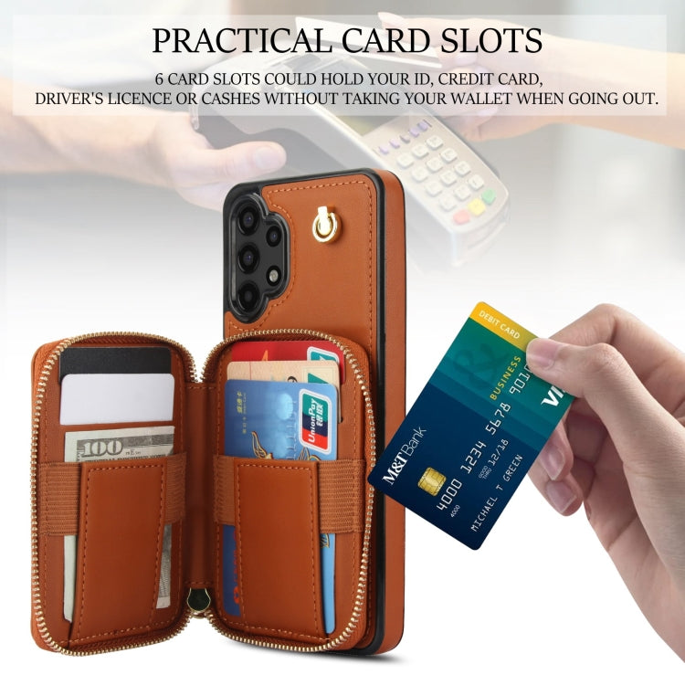 For Samsung Galaxy A13 4G / 5G AwQuer Crossbody Zipper Wallet Rhombic Leather Back Phone Case(Brown)