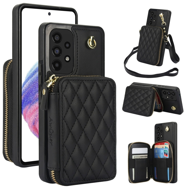 For Samsung Galaxy A53 4G / 5G AwQuer Crossbody Zipper Wallet Rhombic Leather Back Phone Case(Black)