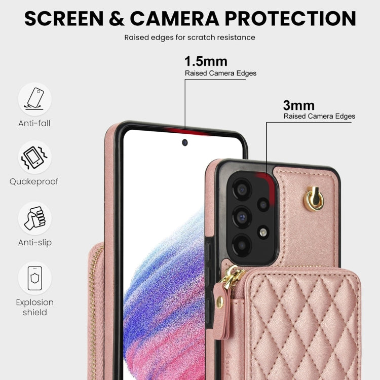 For Samsung Galaxy A53 4G / 5G AwQuer Crossbody Zipper Wallet Rhombic Leather Back Phone Case(Rose Gold)