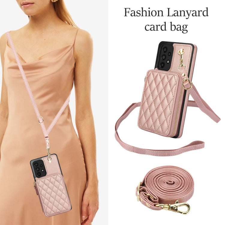 For Samsung Galaxy A53 4G / 5G AwQuer Crossbody Zipper Wallet Rhombic Leather Back Phone Case(Rose Gold)