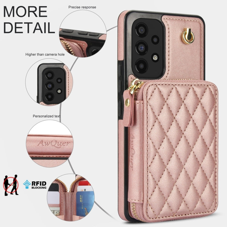 For Samsung Galaxy A53 4G / 5G AwQuer Crossbody Zipper Wallet Rhombic Leather Back Phone Case(Rose Gold)