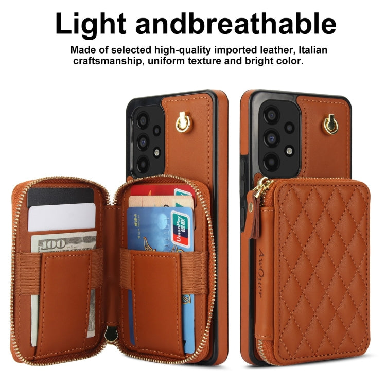 For Samsung Galaxy A53 4G / 5G AwQuer Crossbody Zipper Wallet Rhombic Leather Back Phone Case(Brown)