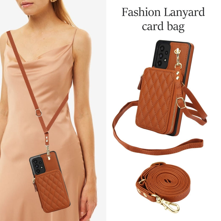 For Samsung Galaxy A53 4G / 5G AwQuer Crossbody Zipper Wallet Rhombic Leather Back Phone Case(Brown)