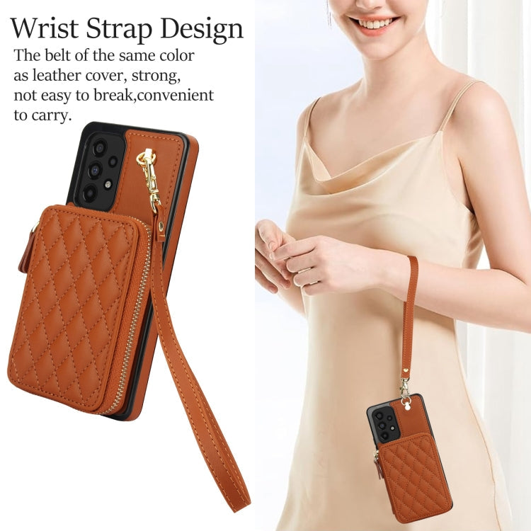 For Samsung Galaxy A53 4G / 5G AwQuer Crossbody Zipper Wallet Rhombic Leather Back Phone Case(Brown)