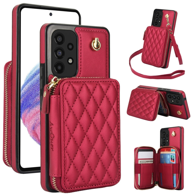 For Samsung Galaxy A73 4G / 5G AwQuer Crossbody Zipper Wallet Rhombic Leather Back Phone Case(Red)