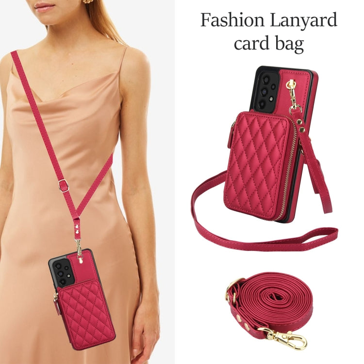 For Samsung Galaxy A73 4G / 5G AwQuer Crossbody Zipper Wallet Rhombic Leather Back Phone Case(Red)
