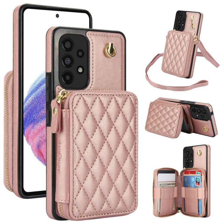 For Samsung Galaxy A73 4G / 5G AwQuer Crossbody Zipper Wallet Rhombic Leather Back Phone Case(Rose Gold)