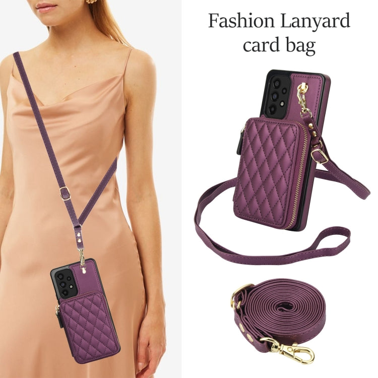 For Samsung Galaxy A73 4G / 5G AwQuer Crossbody Zipper Wallet Rhombic Leather Back Phone Case(Dark Purple)