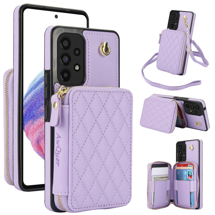 For Samsung Galaxy A73 4G / 5G AwQuer Crossbody Zipper Wallet Rhombic Leather Back Phone Case(Purple)