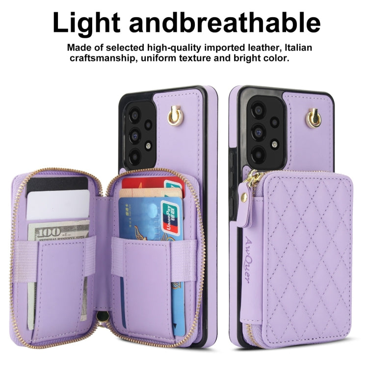 For Samsung Galaxy A73 4G / 5G AwQuer Crossbody Zipper Wallet Rhombic Leather Back Phone Case(Purple)