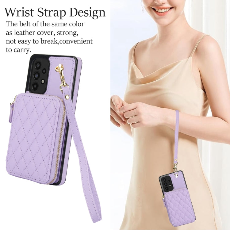For Samsung Galaxy A73 4G / 5G AwQuer Crossbody Zipper Wallet Rhombic Leather Back Phone Case(Purple)