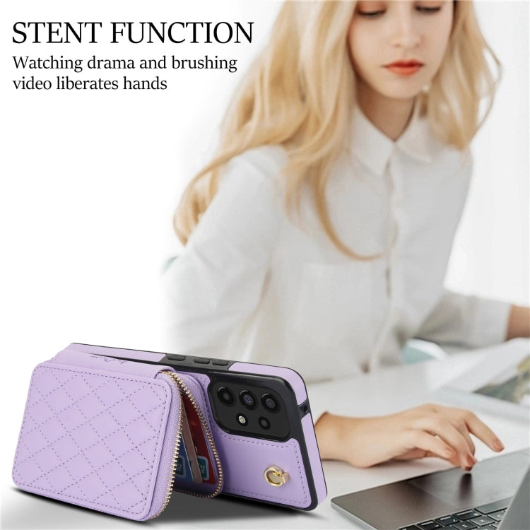 For Samsung Galaxy A73 4G / 5G AwQuer Crossbody Zipper Wallet Rhombic Leather Back Phone Case(Purple)