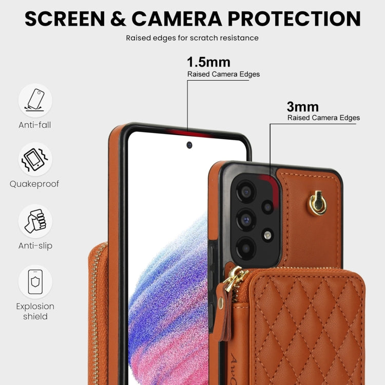 For Samsung Galaxy A73 4G / 5G AwQuer Crossbody Zipper Wallet Rhombic Leather Back Phone Case(Brown)