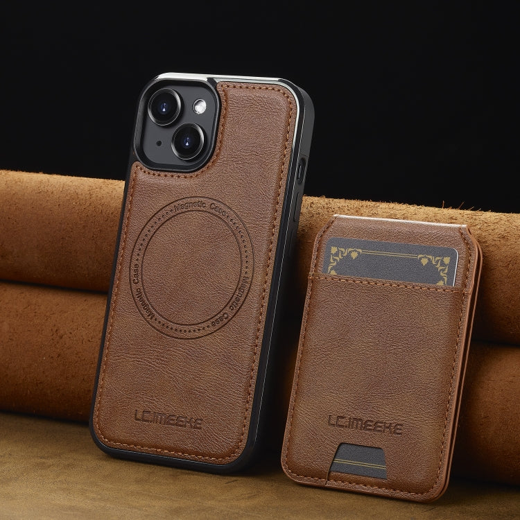 For iPhone 15 LC.IMEEKE L3 Series Detachable RFID Card Bag Magsafe Phone Case(Brown)