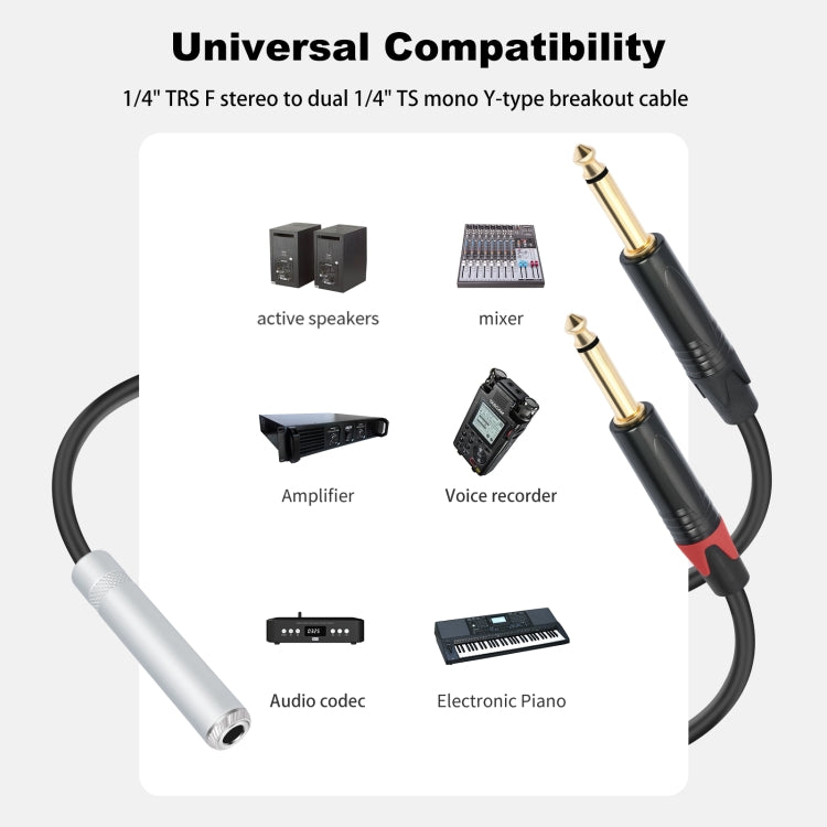 6.35mm 1/4 TRS Stereo Female to Dual Male Y-type Audio Cable, 6.35mm F to 2 x M