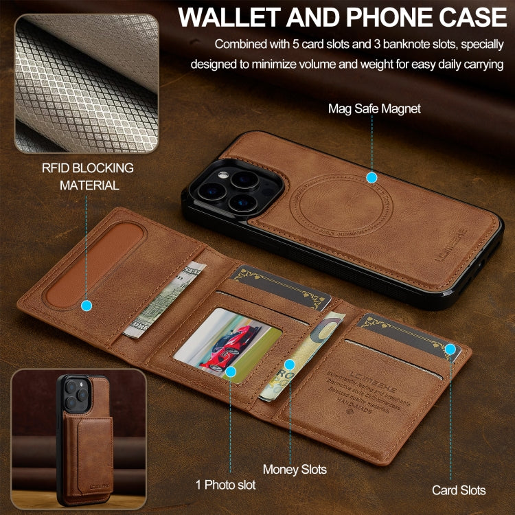For iPhone 15 Pro Max LC.IMEEKE L5 Series Detachable RFID Card Bag Magsafe Phone Case(Brown)
