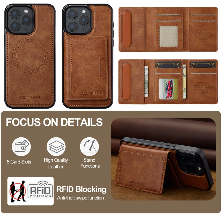 For iPhone 15 Pro Max LC.IMEEKE L5 Series Detachable RFID Card Bag Magsafe Phone Case(Brown)