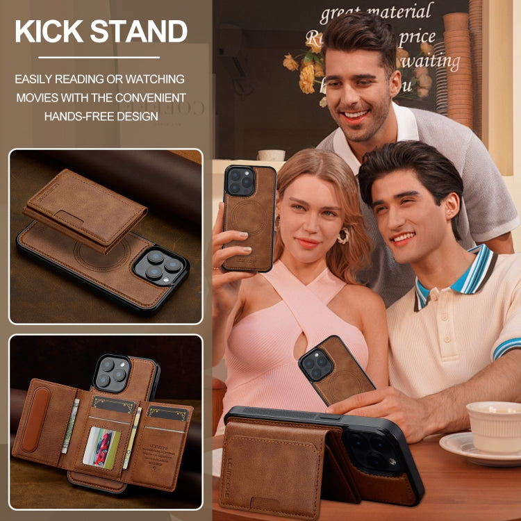 For iPhone 15 Pro LC.IMEEKE L5 Series Detachable RFID Card Bag Magsafe Phone Case(Brown)