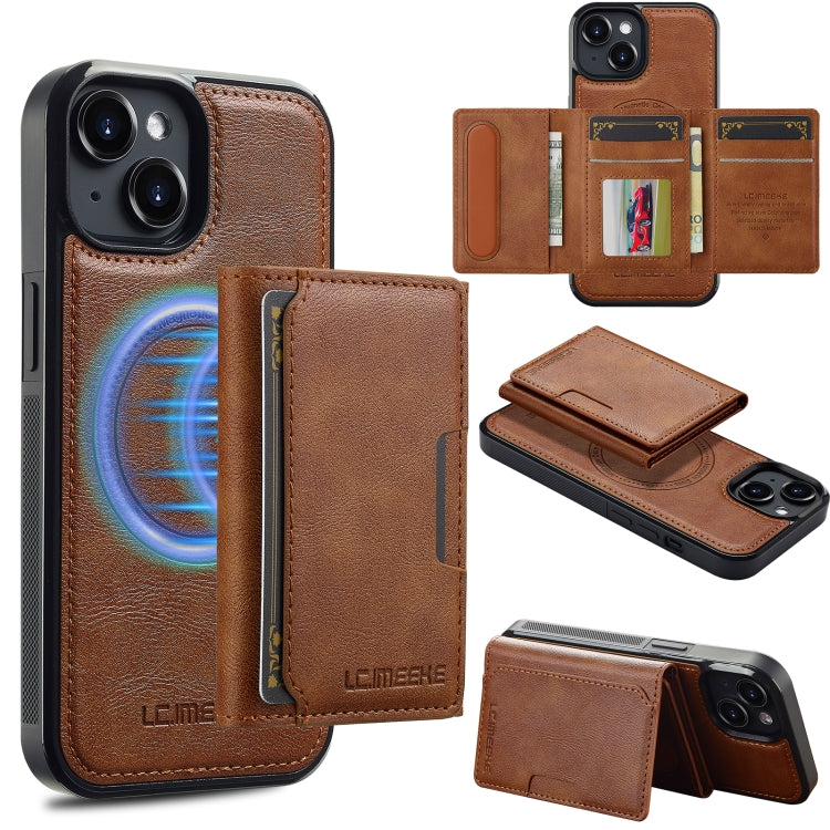 For iPhone 15 LC.IMEEKE L5 Series Detachable RFID Card Bag Magsafe Phone Case(Brown)