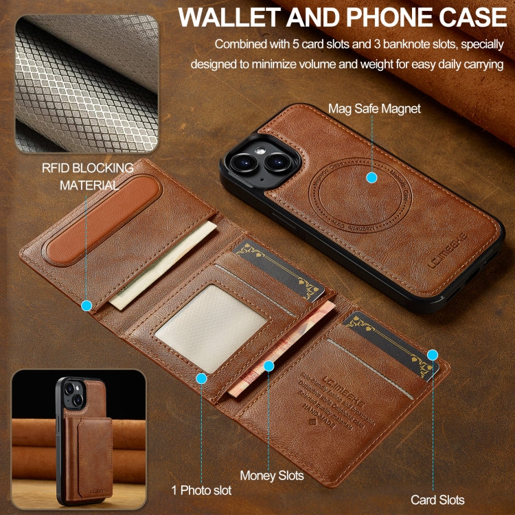 For iPhone 15 LC.IMEEKE L5 Series Detachable RFID Card Bag Magsafe Phone Case(Brown)
