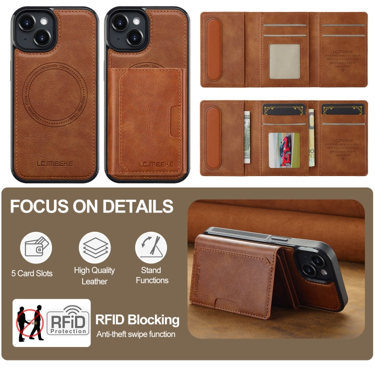 For iPhone 15 LC.IMEEKE L5 Series Detachable RFID Card Bag Magsafe Phone Case(Brown)
