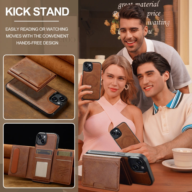 For iPhone 15 LC.IMEEKE L5 Series Detachable RFID Card Bag Magsafe Phone Case(Brown)